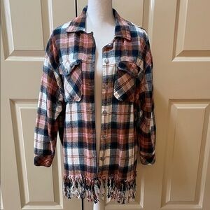 Plaid Fringe Button-Up Shacket